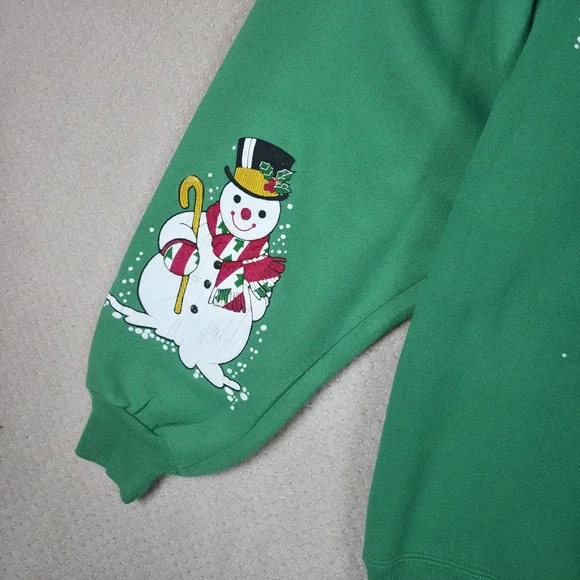 VTG 90s Russell Athletic Sweatshirt Large Women Green Snowman Christmas Holidays - Picture 5 of 12